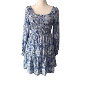 Blue/White Floral Tiered Cottagecore Long Sleeve Smocked Bohemian Dress Japna M